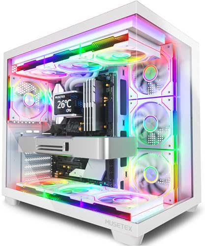 MUSETEX Y6 Case PC, con 7 Ventole PWM ARGB (Infinity Mirror) Preinstallate, Case ATX Mid Tower, Case PC Gaming con Type-C, Vetro Temperato a 270° Vista Completa,Bianco,Taglia: 42,5P x 27,5l x 39,8H cm