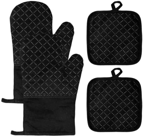 Xynovate Set di 4 Guanti da Forno e Presine da Cucina, Guanti da Cucina, Guanto da Forno, Silicone Antiscivolo per Cucinare, Grigliare, Cuocere(17x27 cm,Nero)