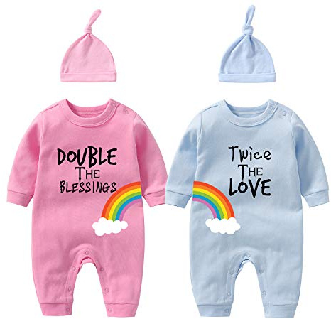 culbutomind Baby Twins Bodysuits Double The Blessings Twice The Love nyfödd babykläder spädbarn sparkdräkt unisex tvillingkläder med hatt, rosa blå dubbel två gånger, 3-6 Months