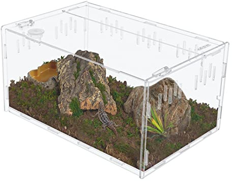 aleawol Large Reptile Feeding Box 29x20x15cm, Transparent Acrylic Terrarium Reptile Habitat Breeding Box Insect Feeding with Vents Anti-Escape Design for Pet Snake Lizard Spider Frog
