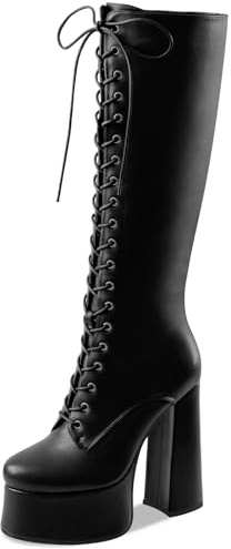 Perisis Women's Platform Knee High Boots Chunky Block Heel Gogo Boots Black Lace Up Heeled Gothic Boots Wide Calf Comfy (black pu,8)