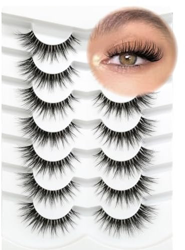 3D Ciglia finte Look Naturale Occhio di gatto Wispy Ciglia finte Breve Croce Morbide Riutilizzabili Clear BandLashes 7 Pairs Happy Heartbeat (No.219)