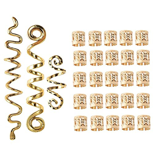 28-Piece Spiral Coils Dreadlock Beads Braids Rings Clips Metal Cuffs Loc Hair Jewelry Wraps Accessory Snake Clips for Women & Girls (Gold)