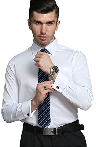 MAOAEAD Chemise classique à manches longues pour homme avec poignets français rayés, poche plaquée simple, chemises d'affaires coupe standard