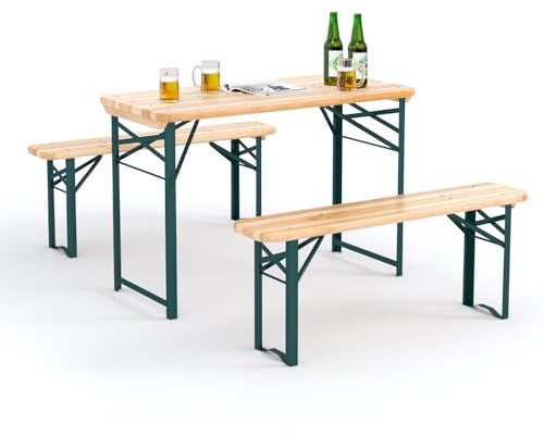 Warmiehomy Wooden Folding Camping Beer Table and Bench Set Outdoor Garden furniture Picnic Trestle Table with 2pcs Bench Seat(Tables: 117 x 56 x 76.5cm; Chairs: 117 x 24.5 x 46cm)