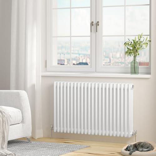 Heilmetz 3 Column Radiator 600x1010mm, White Cast Iron Style Horizontal Radiator Triple Column Radiator Traditional Central Heating Radiator