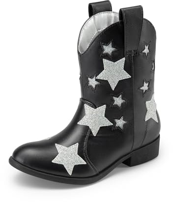 DREAM PAIRS Botas vaqueras de media pantorrilla con purpurina para niñas, botas vaqueras occidentales para niñas pequeñas, zapatos de equitación con estrellas, Negro, 13 Little Kid