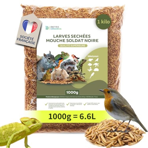 Larve Mouche Soldat Noire 1000g / 1k (équivalent 6,6 litres) Qualité Premium, Black Soldier Fly : Friandise pour Oiseaux, Hérissons, Tortues, Reptiles, Poissons, Rongeurs - 100% naturel, Sans additifs