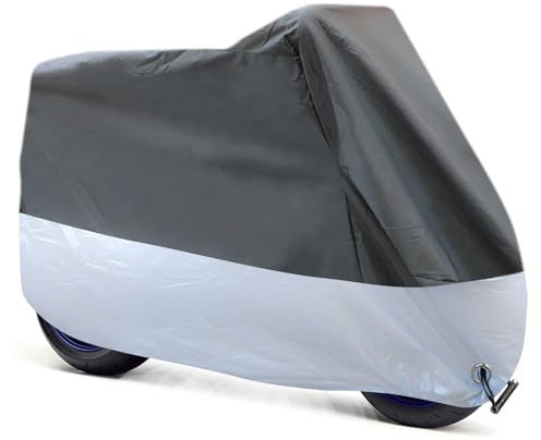 Telo Coprimoto Teli per Moto Impermeabile Resistente ad Acqua/Polvere/Pioggia/Vento/Foglie 245x105x125cm (Nero e Argento)