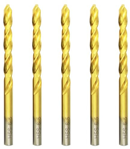 Broca HSS de titanio 6.5mm x 101mm x 5pcs Helicoidales para Metal, Acero Inoxidable, Madera, Plástico y Hierro