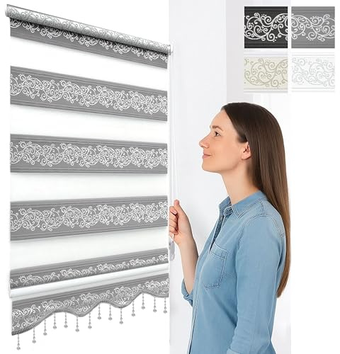 Brillant Doppelrollo Klemmfix ohne Bohren Grau Silber 200 x 50 cm (Länge x Breite) Duorollo Blickdicht mit Perlen, glitzert, Raffrollo Fenster Tür Zebra Perde Klemmrollo Seitenzugrollo