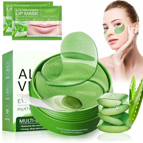 60 Pezzi Aloe Vera Maschera Occhi, Collagene Patch Occhi con Maschera per le Labbra, Patch Occhiaie e Borse, Anti-Rughe e Anti-Occhiaie, Rimuovi Borse e Puffiness, Idrata Anti-Età