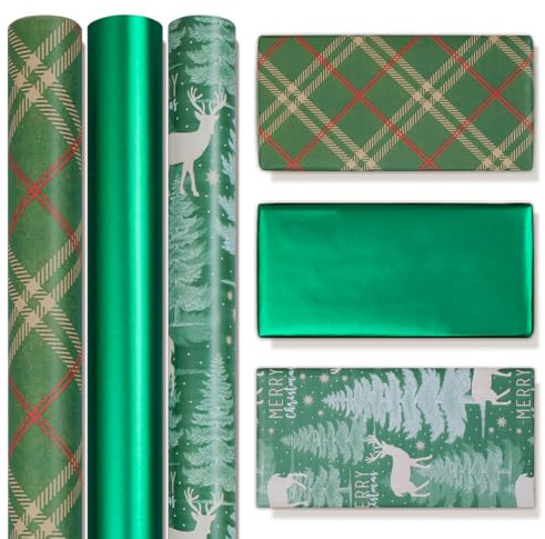 Niviy Rouleau Papier Cadeau Noel 43cm x 3m Papiers D'emballage Kraft 3 Rouleaux Papier Cadeau Vert Imprimé avec des Eléments de Noël pour Décoration de Noël et du Nouvel An