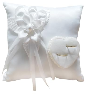 Whrcy Cuscino Fedi Nuziali Con Perle Cuscino Avorio Per La Cerimonia Nuziale, Elegante Anello Quadrato Con Bianco Camelia Cuscino A Forma Di Cuore Forniture Matrimoniali Per Matrimoni All'aperto