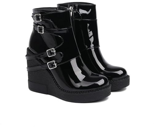 LMUIPMAA Donna Alta Tacco a Zeppa Piattaforma Partito Stivaletti,Black Patent Leather,36 EU