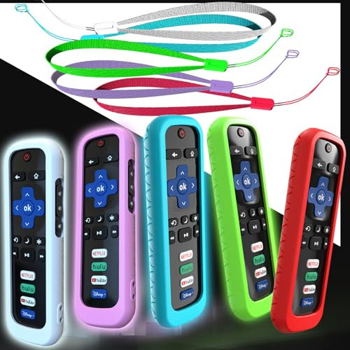 5-pack skydd för Roku Stick fjärrkontroll, fodral kompatibelt med Hisense TV-kontroll, silikonfodral för TCL smart TV kontrollhållare lyser i mörkret lila blå vit grön röd