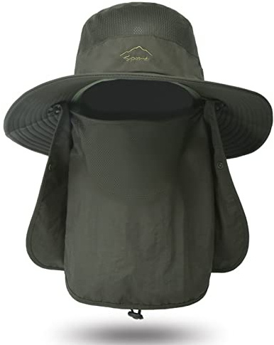 Utomhus Fiskekeps, Solskydd, Avtagbar Ansiktshalsskydd, Hatt med Bred Brätte, en Storlek Passar Alla, Snabbtorkande, Håller Sig Svalt, för Män och Kvinnor med Skydd (GREEN)