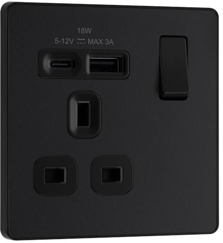 BG Electrical 18W Single Switched Power Plug Wall Socket with Type A USB and Type C USB Charging Ports, Fast Charge, Screwless Front Plate, Evolve, Matt Black, 13A, PCDMB21UAC18B