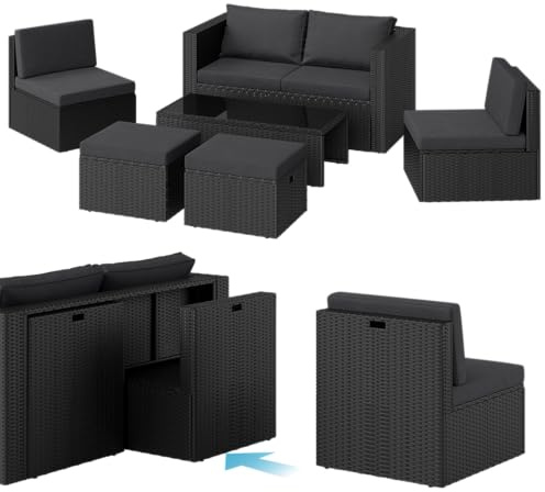 STEELSØN Noctura Rattan Gartenmöbel Set 6-TLG. – Gartenlounge mit Sofa, Sessel, Tisch & Hocker – Sitzgruppe Outdoor schwarz/anthrazit Garten/Balkon/Terasse – Sitzgarnitur Set Metallgestell wetterfest