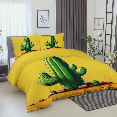 Bettwäsche Drucken 135 x 200 cm, 3 teilig Bettbezug-Bettwäsche-Sets Cartoon Pflanze Kaktus mit 2 Kissenbezug 80x80 cm, Atmungsaktive Weich Microfaser Bettbezug mit Reißverschluss Gelb