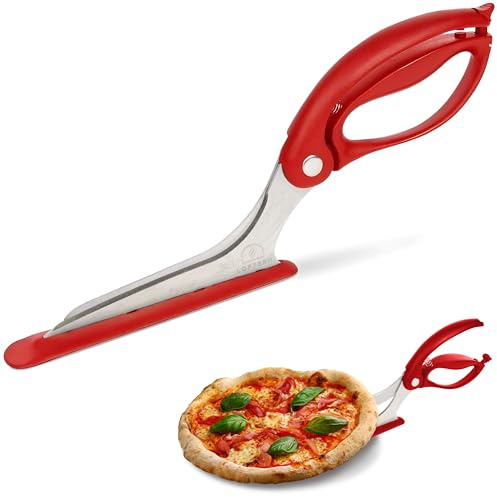 Loftern Red Pizza Scissors - Non-Stick Pizza Scissors with Firm Grip Base - Food Grade Stainless Steel Pizza Cutter - 5-in-1 Food Slicer & Pizza Server - Durable, Safe & Mess Free
