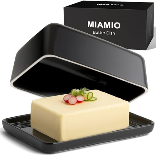 MIAMIO - Caja para Mantequilla con Tapa (620 ml) Campana de Mantequilla de Cerámica / Contenedor Grande para Mantequilla, Caja para Mantequilla Apta para Lavavajillas con Tapa para Encimera (Negro)