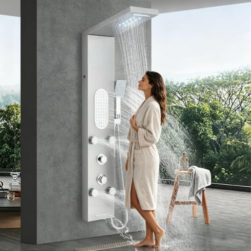LLFFSSDG Columna de Ducha 5 en 1, Sistema de Hidromasaje con Grifo, Panel de Ducha de Acero Inoxidable Cepillado, Incluye Ducha de Mano y Boquilla de Bañera