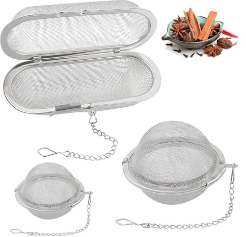 TOKSEO 3 unidades de huevos de especias de acero inoxidable con cadena, colador de especias para cocinar té suelto, bola de especias, 3 tamaños de huevo (elíptico, circular)