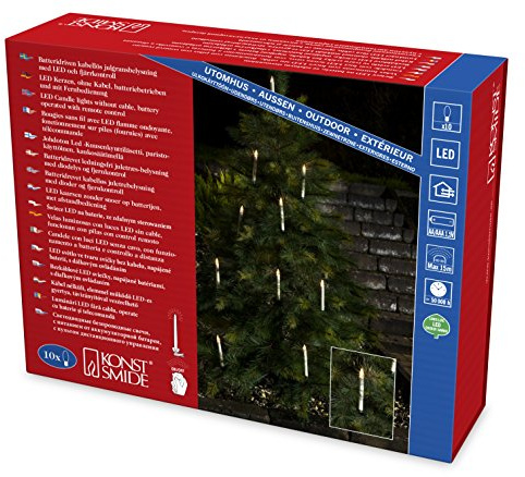 Konstsmide albero LED illuminazione, 10 candele bianche senza fili con telecomando, 10 diodi a luce bianca calda, funzionamento a batteria, esterno IP44, 20 x AA 1,5 V, 2 x AAA 1,5 V incluse 1930 – 100
