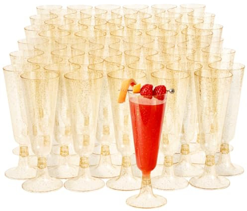 MATANA 100 Premium Elegante Sektgläser aus Kunststoff mit Goldglitter, 150ml - Plastik Champagnergläser Gold, Mehrweg Sektflöten, Cocktailgläser für Hochzeiten, Geburtstage, Partys