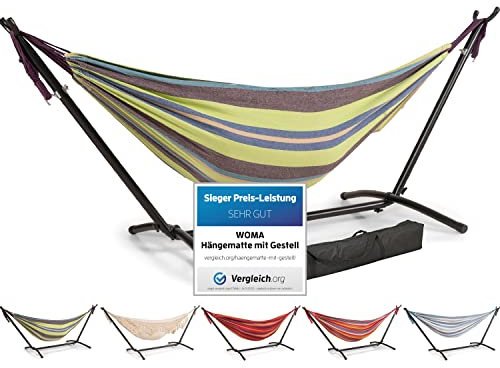 WOMA Hängematte für 2 Personen mit Gestell in Grün Rot für bis zu 180 kg I Wetterfeste Doppelhängematte Indoor & Outdoor I Stabile Hängematte XXL aus Baumwolle für Balkon & Garten