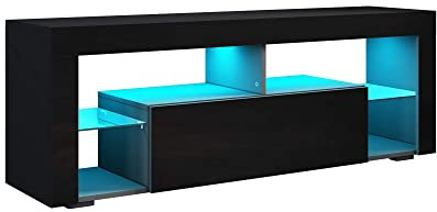 SONNI Lowboard Schwarz, TV Board Hochglanz, mit LED Beleuchtung, 12 Farben können eingestellt Werden, mit Klapptür, Glasregal, Griffloses Design, TV-Schrank, Fernsehtisch, TV-Regal, 140x35x50,5cm