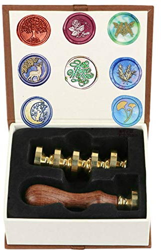 ANBOSE Vaxsigillstämpelkit, Tree of Life, vaxsigillstämpelset med 8 st avtagbara mässingshuvuden och 1 trähandtag, retro, vintage, personlig vaxförseglingsstämpel för brevkort och inbjudningar