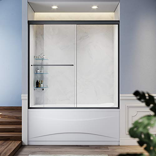 SUNNY SHOWER Bathtub Shower Door Glass Sliding Tub Door Semi-Frameless 1/4 Clear Glass Shower Enclosure Doors for Bathroom, Black Finish 58.5-60 in.W x 62 in.H