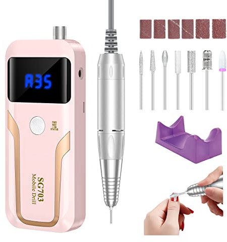 MOCOWIND - Taladro de uñas portátil profesional de 35000 RPM, máquina de lima eléctrica recargable para quitar pulido de gel acrílico, archivo E inalámbrico con kit de brocas para salón de manicura y