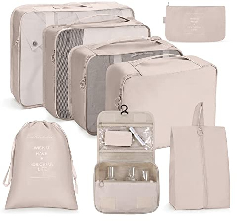 OSDUE Koffer Organizer Set 8-teilig, Packing Cubes, Wasserdichte Reise Kleidertaschen, Packtaschen für koffer, Kofferorganizer Reisetasche mit Kosmetiktasche, Schuhbeutel, USB Kabel Tasche (Beige)
