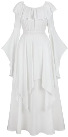Jutrisujo Robe Médiéval Vêtements Rétro pour Femmes Col Carré Robe Longue Gothique Grande Taille avec Manches Trompette Costume de Fête Blanc M