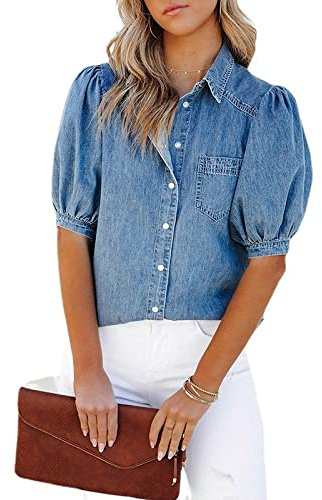 Chemise Femme, Chemisier en Jean À Manches Courtes pour Femme Chemisier Mode Bleu Clair Délavé Col en V Chemises Tops Douces Manches Bouffantes Lâches Chemisiers Boutonnés Tuniques Élégantes