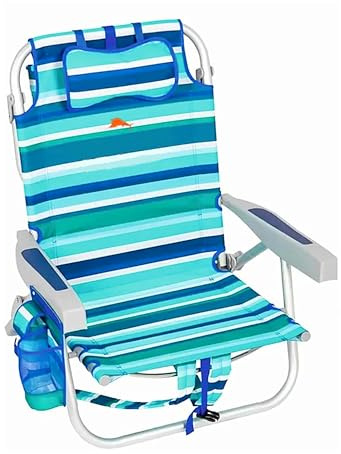 Topline Deluxe Portable Backpack Beach Chair - Sun Lounger Green Striped Folding Deck Chair with Card. Great for Outdoors, Beach, Camping, Picnics BBQ, Fishing or Birthday Parties
