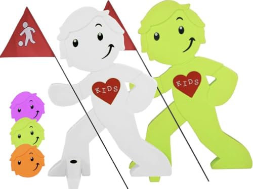 StreetBuddy - Warnfigur mit Fahne, reflektierender Warnaufsteller für Kindersicherheit - Achtung langsam Fahren - Vorsicht spielende Kinder - Schild Autofahrer Warnung (1x Grün / 1x Weiß)