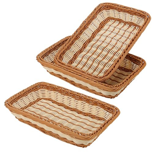 KEILEOHO 3 PCS 30 x 20 x 7cm Poly Wicker Woven Bread Basket, 12 Inch Small Rectangular Imitation Rattan Food Storage Basket for Serving