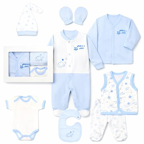 Blue Eyes nyfödd presentset pojkar 0–4 månader | 100 % naturlig OEKO-TEX® bomull | 8 delar babyutrustning | första kläder set spädbarn | gåva baby shower (Stjärna blå)