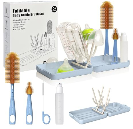 YOTIME Set Cepillo Limpia Biberones Viaje con Secar Biberones, para Esenciales Viaje Bebés, Visita a Amigos y Relaciones, Azúl
