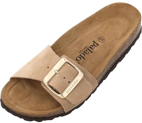 Palado Pantoletten Damen Malta EGS Velours Premium Leather - elegante Sandalen Made in Spain - Hausschuhe mit Kork-Fußbett - bequeme Sommerschuhe Braun UK5,5 - EU38