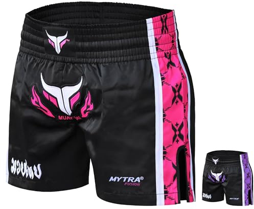 Mytra Fusion Muay Thai Short Damen Kickboxen Hose, Damen Muay Thai Hose - Kickboxen Shorts für Boxen, Schlagen, Grappling und Kampfsporttraining (Black/Pink, M)