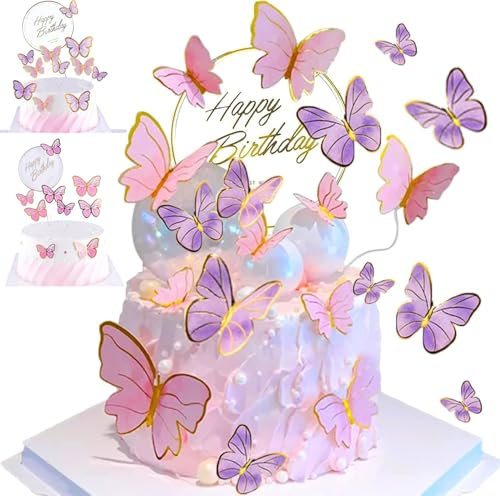 YSTrillion 23 Pezzi Farfalla Torta Topper Decorazioni,3D Cupcake Decorazione per Anniversario,Ragazze Bambini Festa di Compleanno,Natale,Matrimonio (Rosa,Viola)