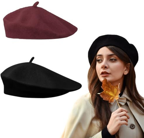 XNIVUIS 2 Stück Baskenmütze Klassisch Plain Französischer Stil Barett, Damen Baskenmütze, Barett, Damenmütze, Klassishe Künstler Barrett, Wintermütze Barett, Einheitsgröße (Schwarz, Rotwein)