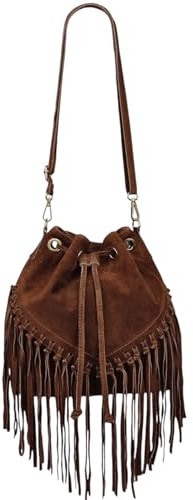 Modarno Borsa a Secchiello in Pelle Scamosciata con Frange 26x13x26 cm (Marrone)