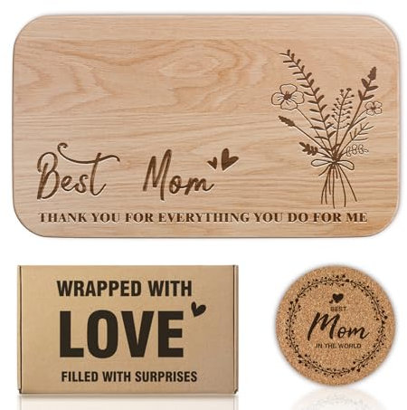 Mothers Day Gifts for Mom, Birthday Gift Set for Mom - Uniquely Carved Wooden Breakfast Board, Kitchen Gifts for Mom from Daughter and Son, Christmas Mothers Day Gifts for Best Mom