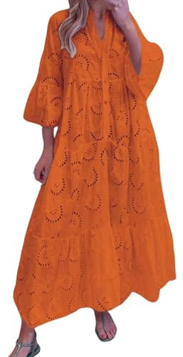 Oyuchga Robe longue d'été brodée pour femme - Grandes tailles - Manches 3/4 - Col en V - Creux - Brodée - Couleur unie - Longue robe chemisier - Crochet - Dentelle - Robe décontractée